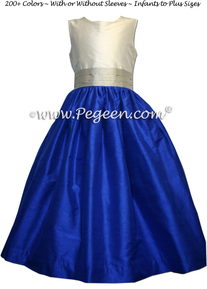 PLATINUM and INDIGO BLUE silk FLOWER GIRL DRESSES
