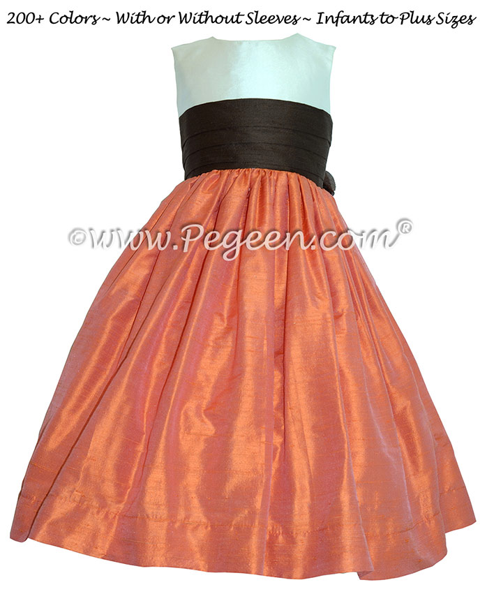 Silk Flower Girl Dress in Chocolate, Mango. Ivory Style 398 | Pegeen