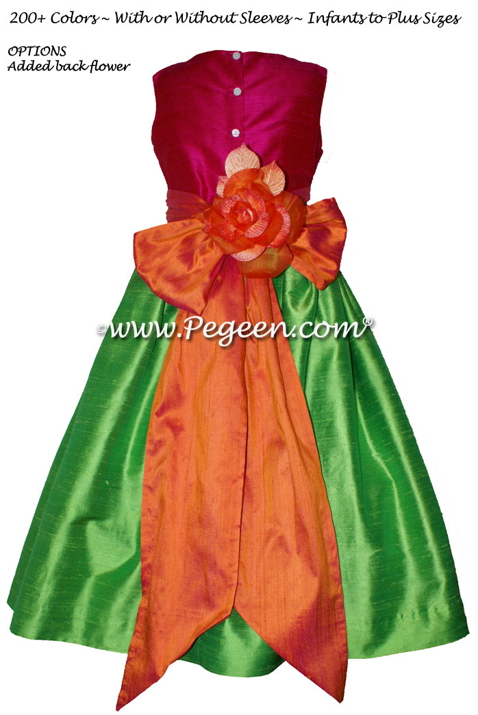 Key lime, mango and raspberry silk flower girl dresses