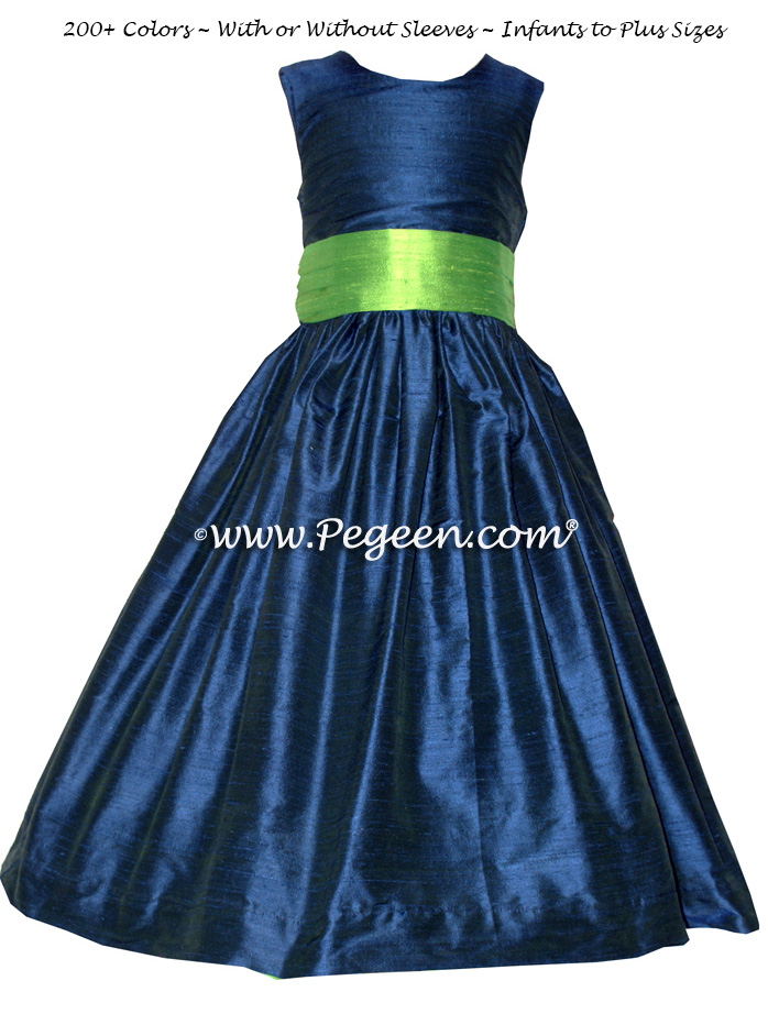 Flower Girl Dresses in Marine Blue (Navy) and Apple Green | Pegeen