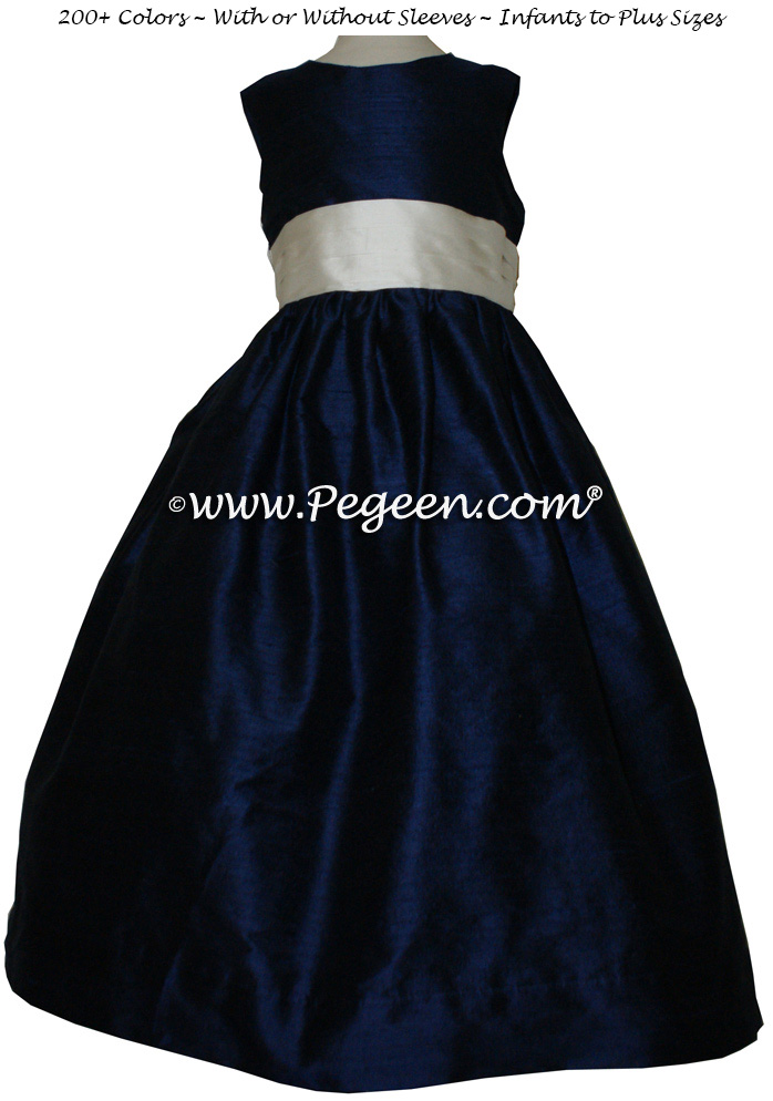 NAVY AND BISQUE FLOWER GIRL DRESS Style 398 by Pegeen