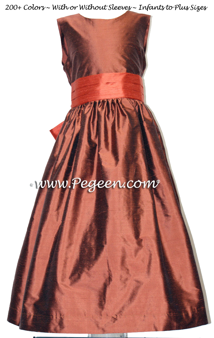 Oak and Sunset Orange Silk Custom Flower Girl Dress Style 398 | Pegeen