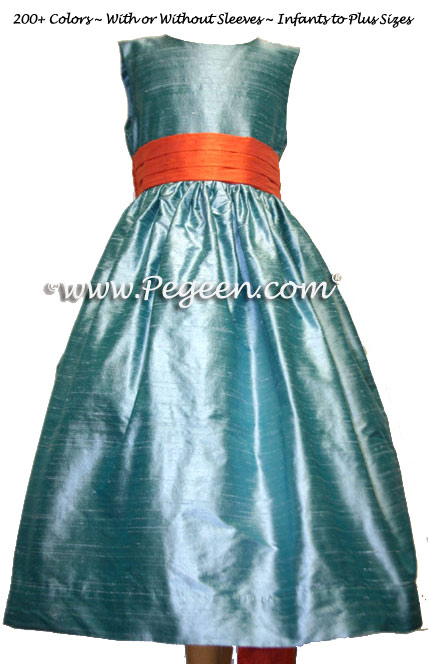 Matching  orange and adriatic aqua blue FLOWER GIRL DRESSES