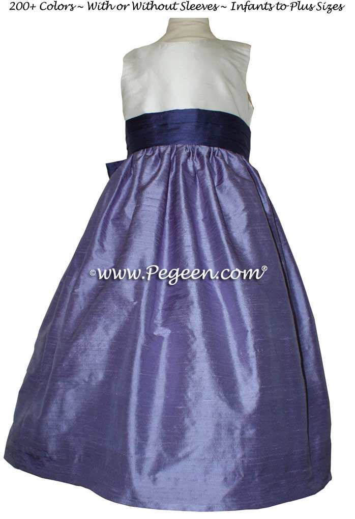 Periwinkle and grape silk flower girl dress