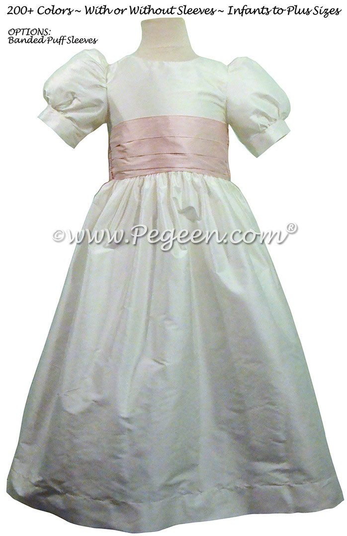 Custom white and Peony pink silk Flower Girl Dresses