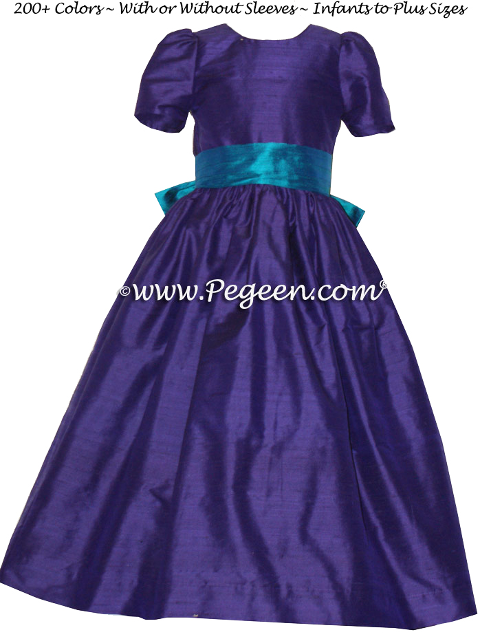 Peacock (teal) and Royal Purple sash flower girl dresses