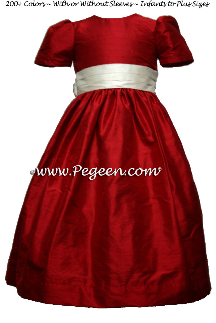 Claret Red and New Ivory Custom Silk Flower Girl Dress Style 398  | Pegeen