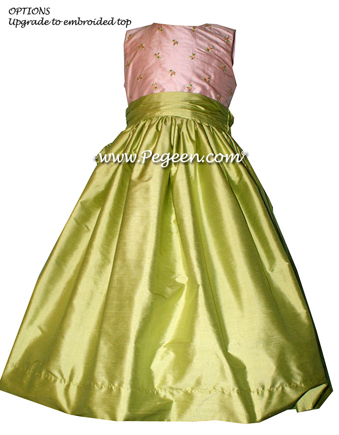Pink embroidery with sprite green flower girl dress with layers of tulle