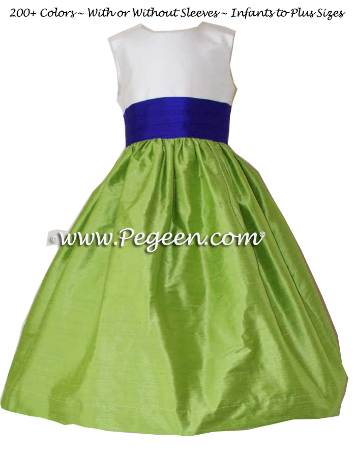 royal purple orange and apple green flower girl dresses