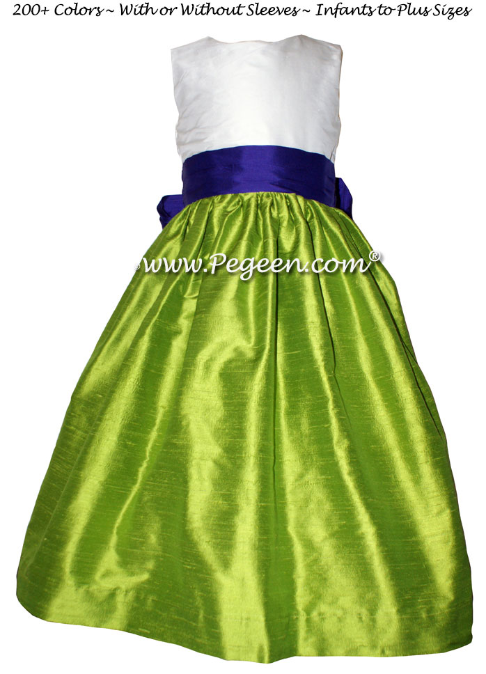 Key Lime and Royal Purple silk flower girl dresses
