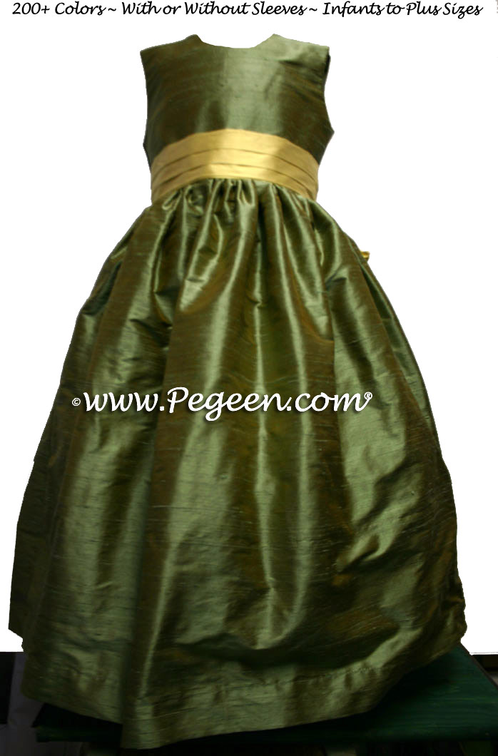 SAGE GREEN AND SUNFLOWER silk FLOWER GIRL DRESSES by Pegeen