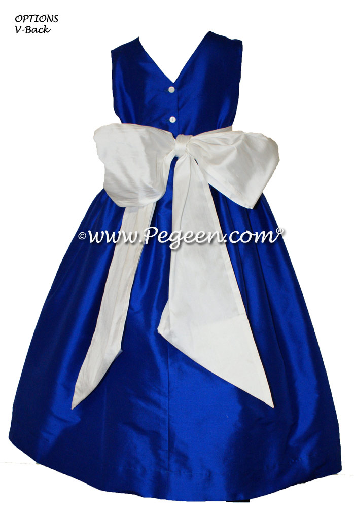 Antique white and Sapphire Blue silk flower girl dresses