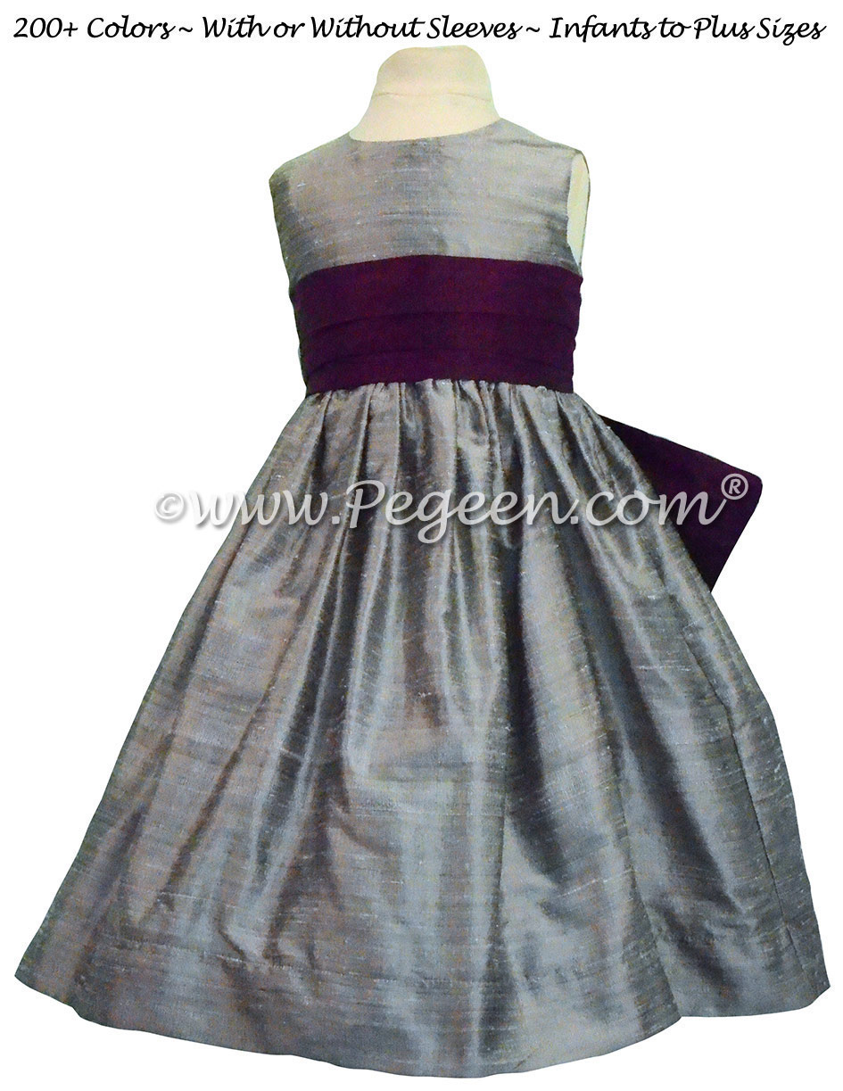 FLOWER GIRL DRESSES Silver Gray and Eggplant with Self-Tie Bow Style 398
