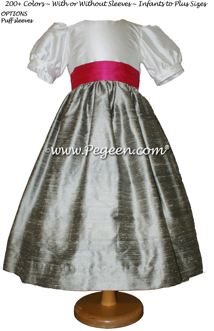 CUSTOM SILK PUFF SLEEVE FLOWER GIRL DRESSES IN NEW IVORY SILVER GRAY AND CERISE PINK