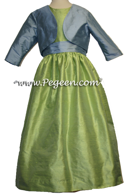 Powder blue and sprite green silk junior bridesmaids bolero jacket