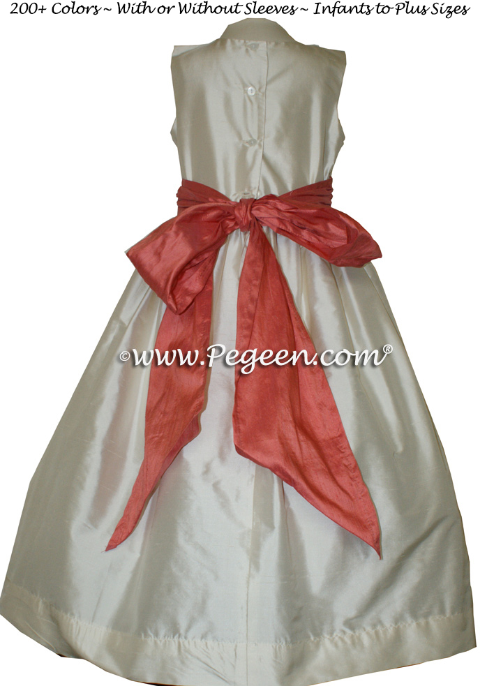 Coral and Ivory Monogrammed flower girl dresses Style 398