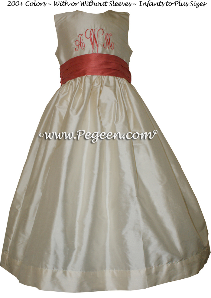 Coral and Ivory Monogrammed flower girl dresses Style 398