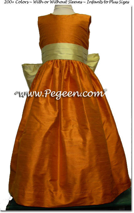 TANGERINE FLOWER GIRL DRESSES WITH SUNFLOWER SASH STYLE 398 | Pegeen