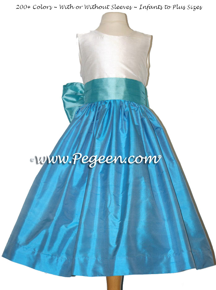 TIFFANY BLUE AND TURQUOISE SILK and TULLE FLOWER GIRL DRESSES
