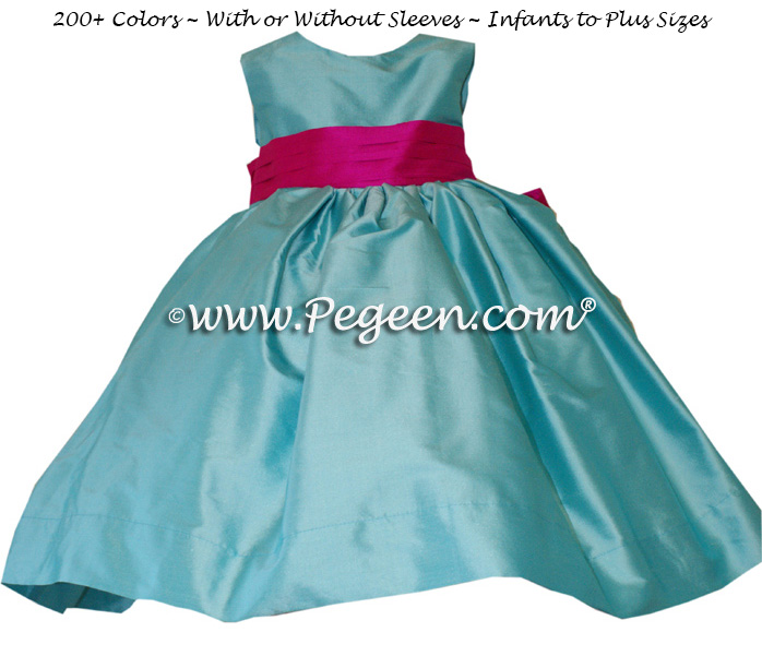 Flower Girl Dress Style 398 in Tiffany Blue and Boing Pink | Pegeen