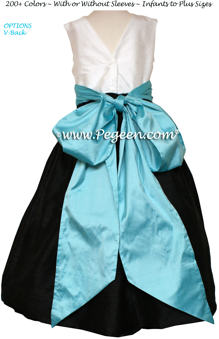 Tiffany Blue, Black and Antique White Flower Girl Dress Style 398 | Pegeen