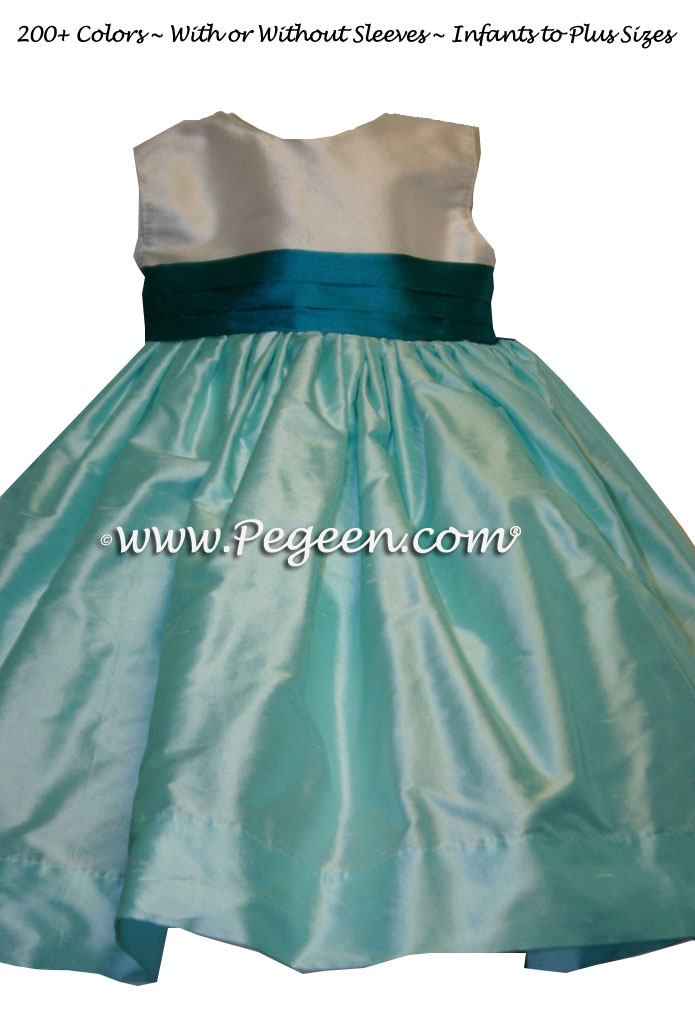 Tiffany blue and tropic silk FLOWER GIRL DRESSES by Pegeen