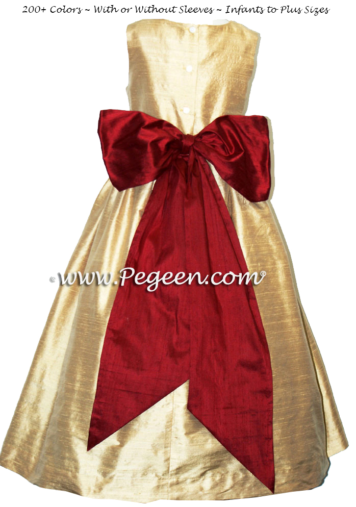 Spun Gold and Cranberry flower girl dress in silk