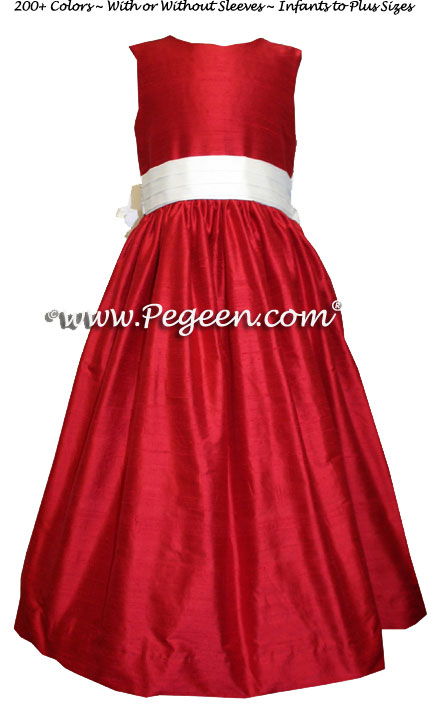 Custom Red and Antique White Silk Flower Girl Dresses