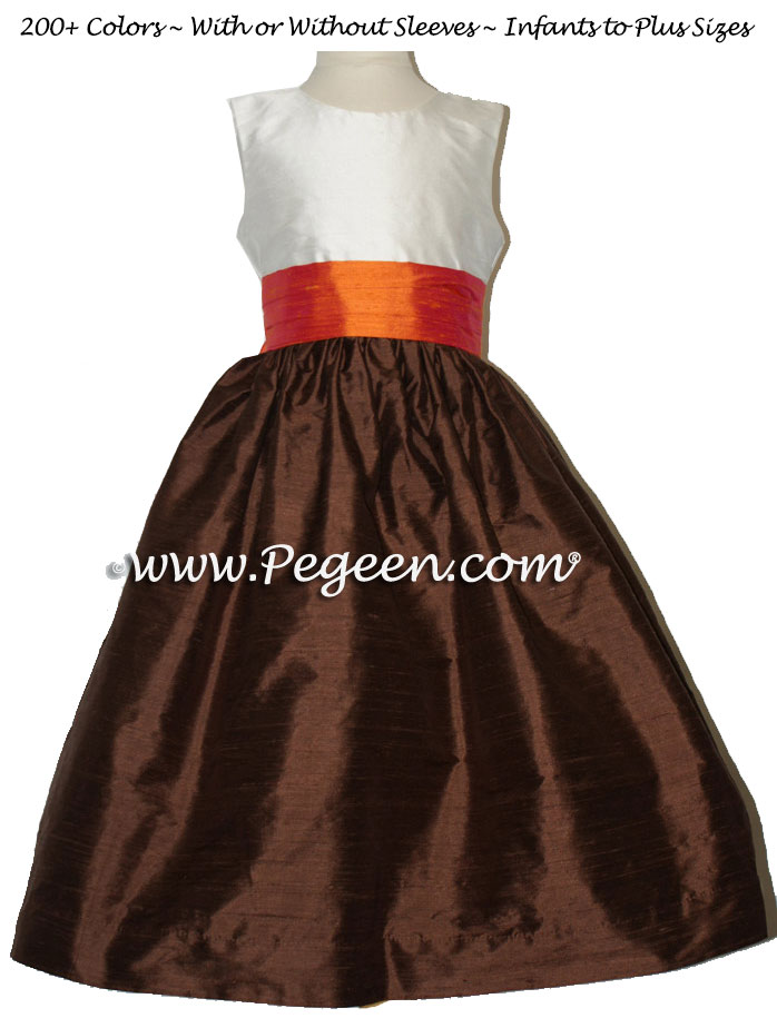 Chocolate Brown and Mango Orange Custom Silk Flower Girl Dresses - Style 398