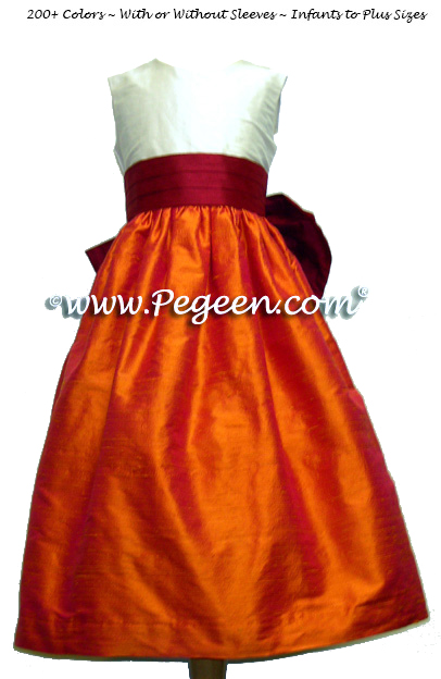Mango orange and cranberry red flower girl dresses