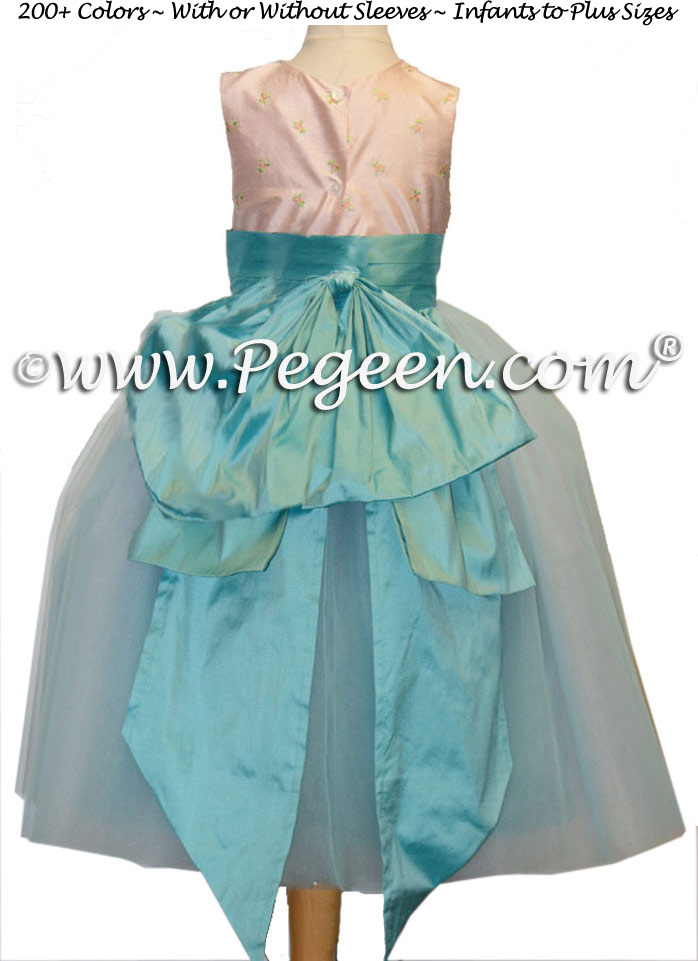Tiffany blue and light pink embroidered with tiny rosebuds ballerina style FLOWER GIRL DRESSES with layers and layers of tulle
