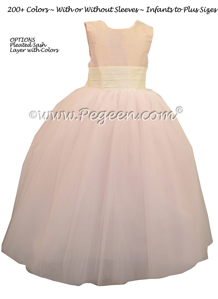 Baby Pink and Bisque (creme) ballerina style FLOWER GIRL DRESSES with layers and layers of tulle