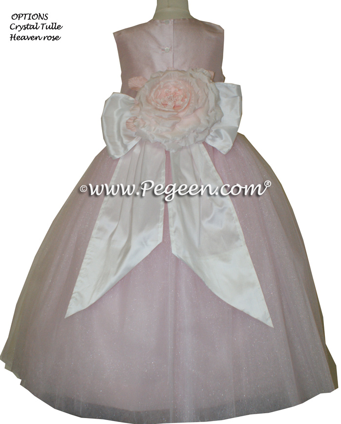 Antique White and Ballet Pink silk and tulle  flower girl dress