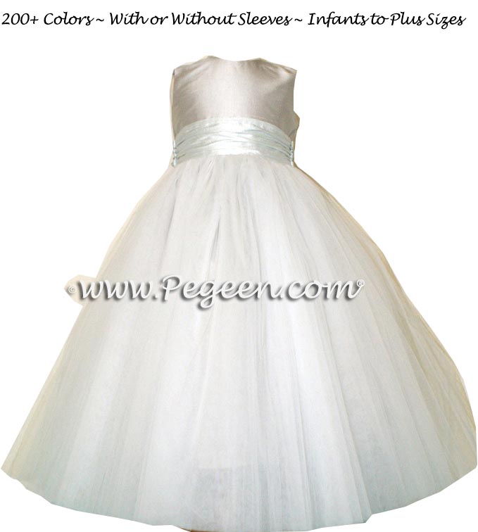 PLATINUM AND BAY BLUE ballerina style FLOWER GIRL DRESSES with layers and layers of tulle