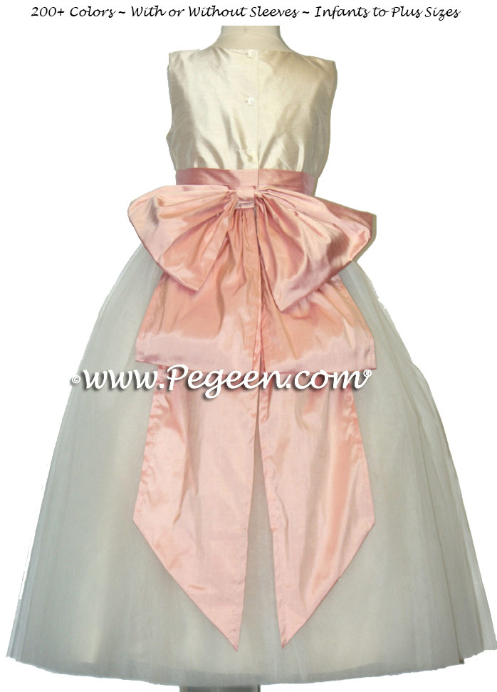 bisque ivory and lotus pink FLOWER GIRL DRESSES with 10 layers of tulle