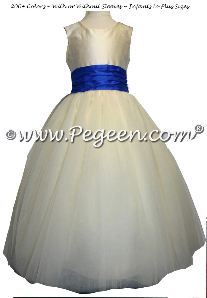 Antique White and Indigo Blue ballerina style flower girl dress with layers of tulle