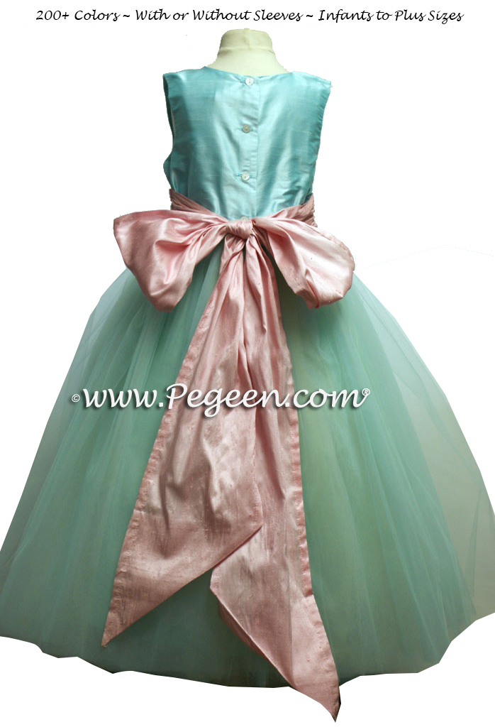 flower girl dresses in Tiffany blue and chocolate brown with matching ring bearer suit