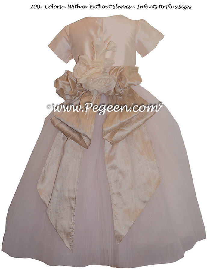 Pegeen's Champagne Pink and Toffee and orange shades of silk and Tulle Degas Style FLOWER GIRL DRESSES with 10 layers of tulle