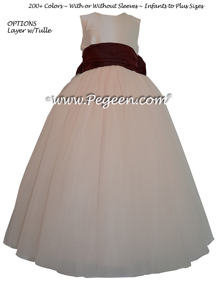 Pegeen's Champagne Pink and Ruby and orange shades of silk and Tulle Degas Style FLOWER GIRL DRESSES with 10 layers of tulle