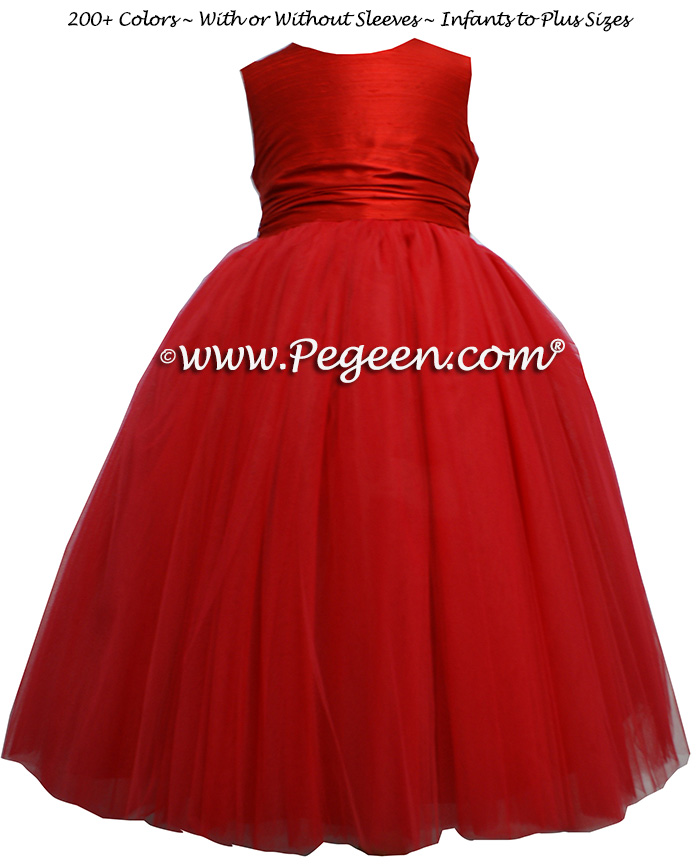 Custom flower girl dress in Red Silk and Red Tulle - Style 402 | Pegeen 