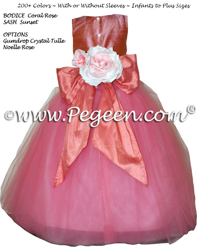 Coral Rose and Sunset (coral) flower girl dresses