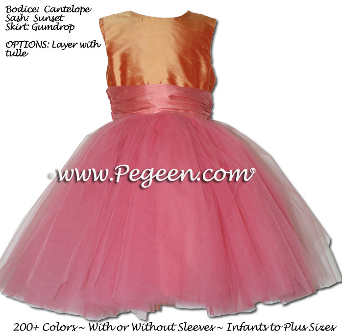 Flower girl dress in Coral Rose, Melon and Carrot ballerina style with tulle | Pegeen