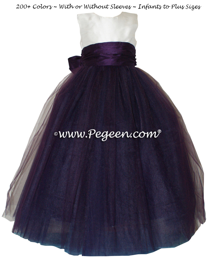 Flower girl dress white and deep plum ballerina style with tulle | Pegeen
