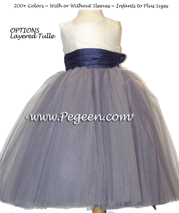 FLOWER GIRL DRESSES in Grape (bluish-purple) and New Ivory with Multi-Layered Tulle