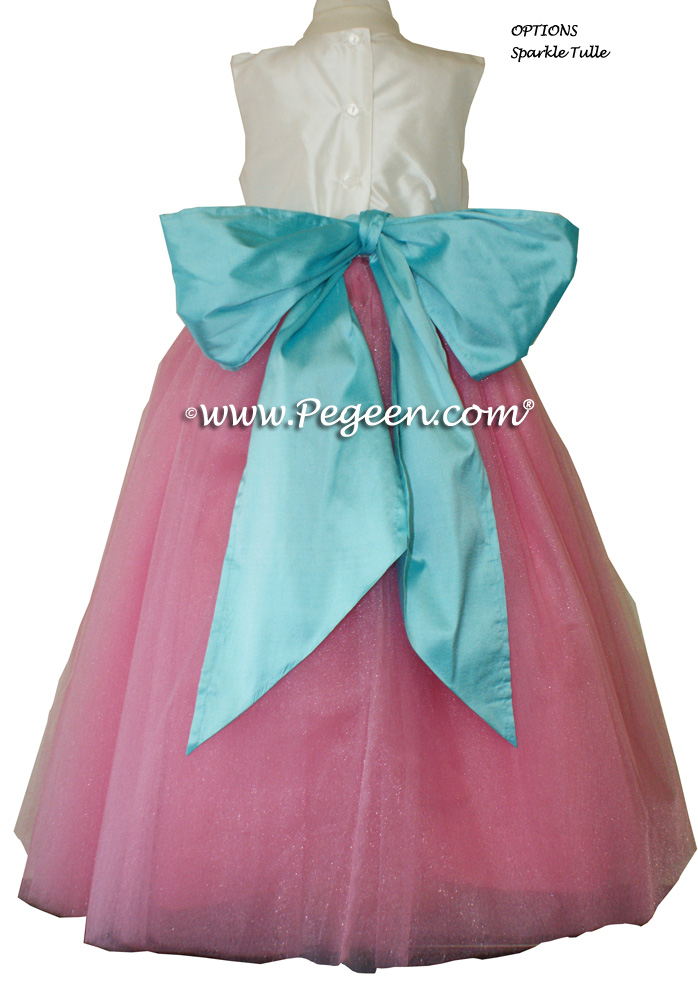 Tiffany Blue and Gumdrop pink custom flower girl dress Style 402 | Pegeen