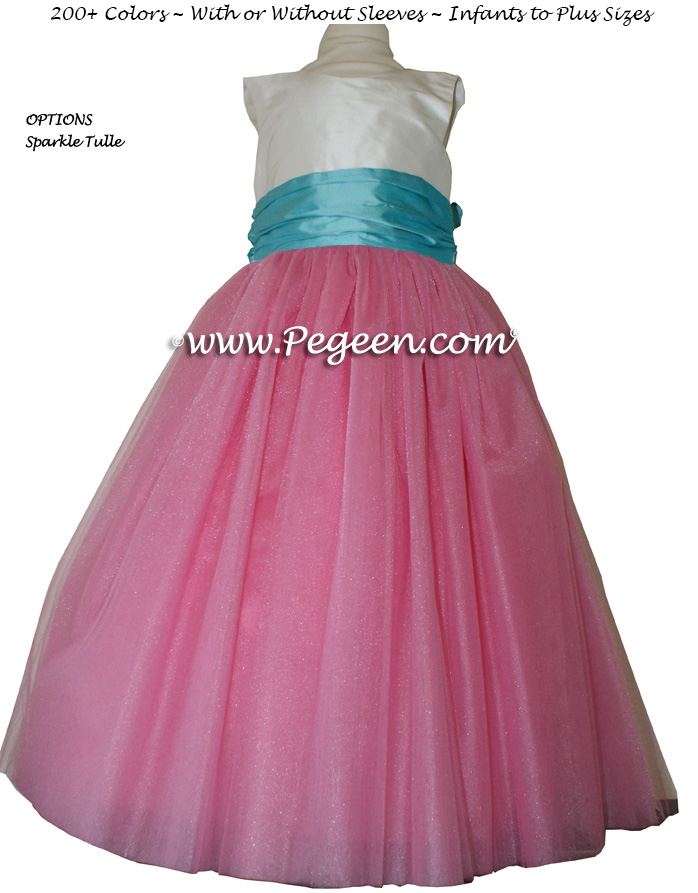 Tiffany Blue and Gumdrop pink custom flower girl dress Style 402 | Pegeen