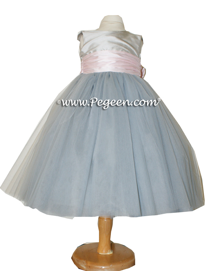 Morning Gray, Petal Pink and Platinum ballerina style FLOWER GIRL DRESSES with layers and layers of tulle
