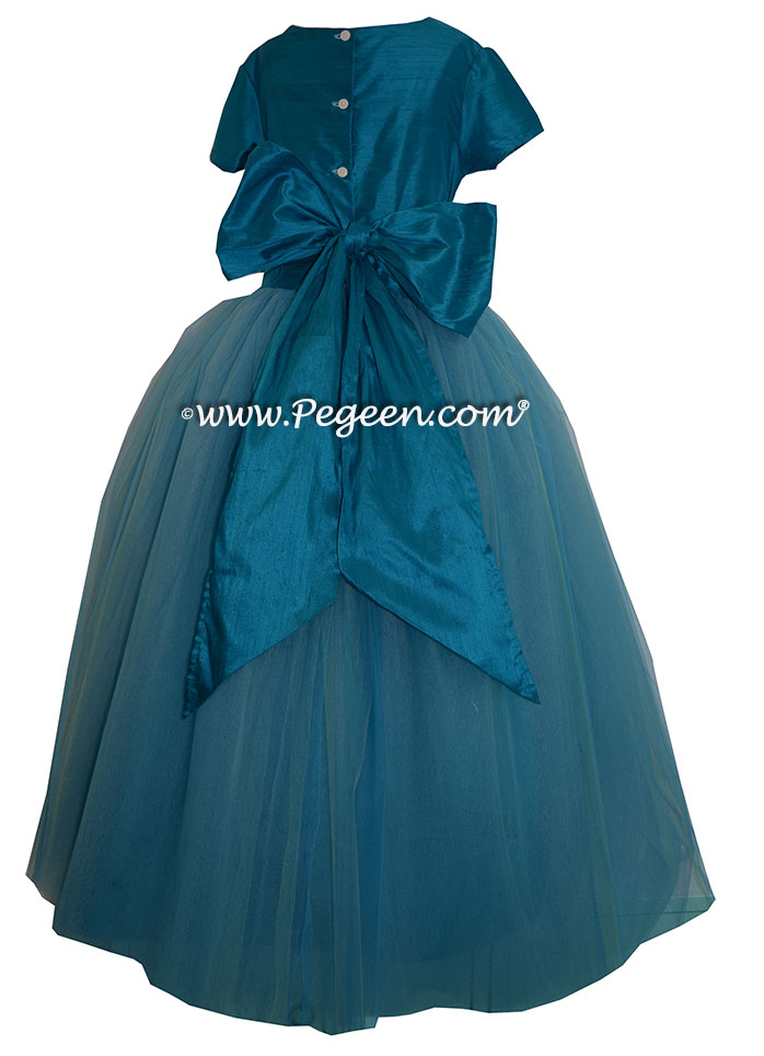 Mosaic (teal) Silk and  Tulle ballerina style FLOWER GIRL DRESSES with layers and layers of tulle