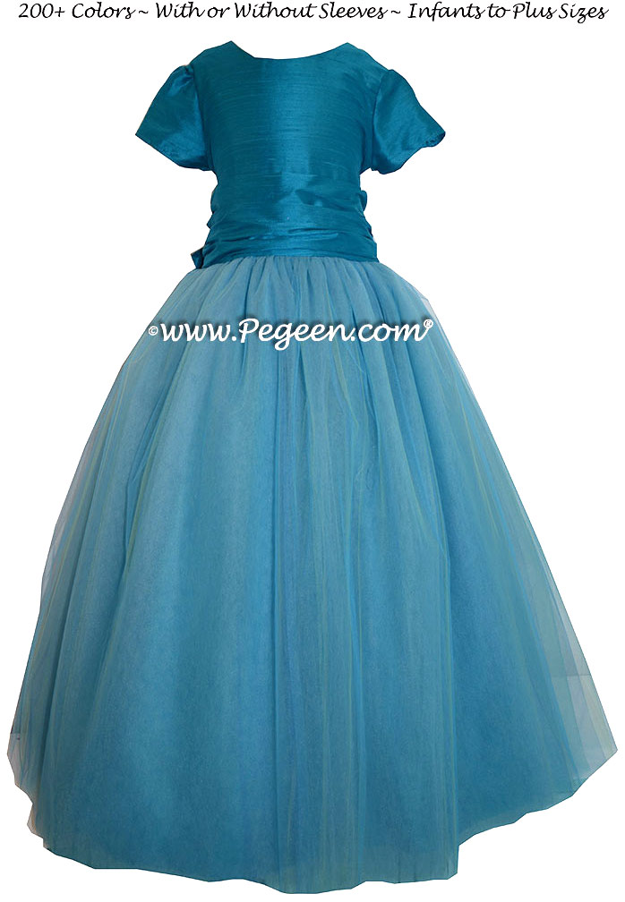 Mosaic (teal) Silk and  Tulle ballerina style FLOWER GIRL DRESSES with layers and layers of tulle