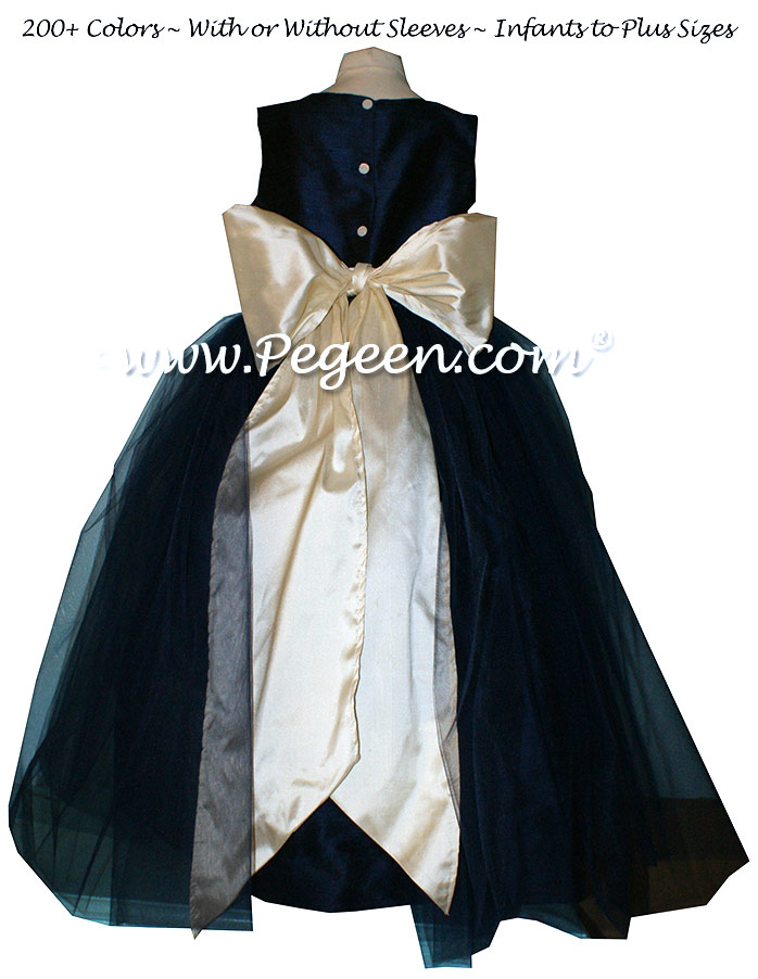 Flower Girl Dress With Layers And Layers Of Tulle In Navy And Buttercreme | Pegeen